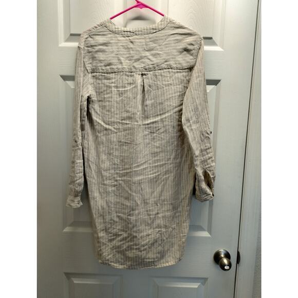 C&C California Size Small Beige White Striped Roll Tab Sleeve Linen Shirt Dress - Picture 3 of 5